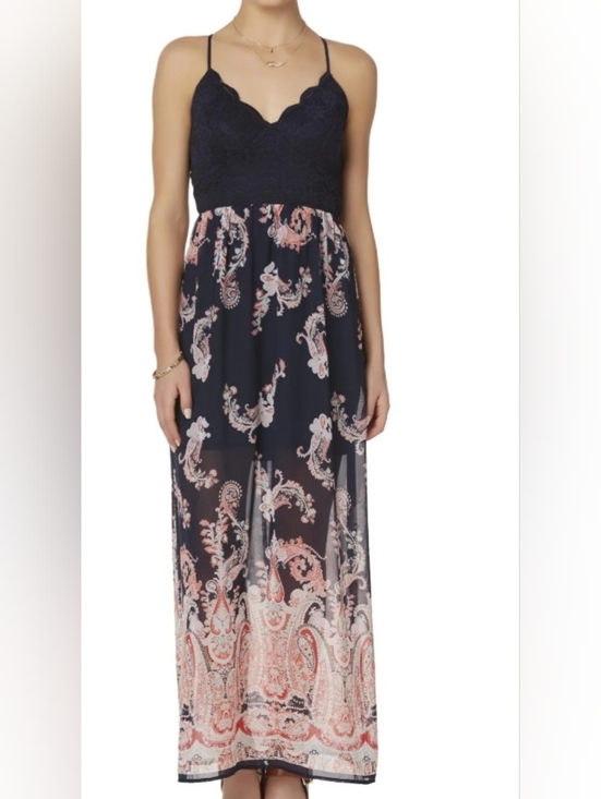 Trixxi Dresses & Skirts - Beautiful Navy Paisley Lace Bodice Maxi Dress With Mini Lining And Sheer Overlay